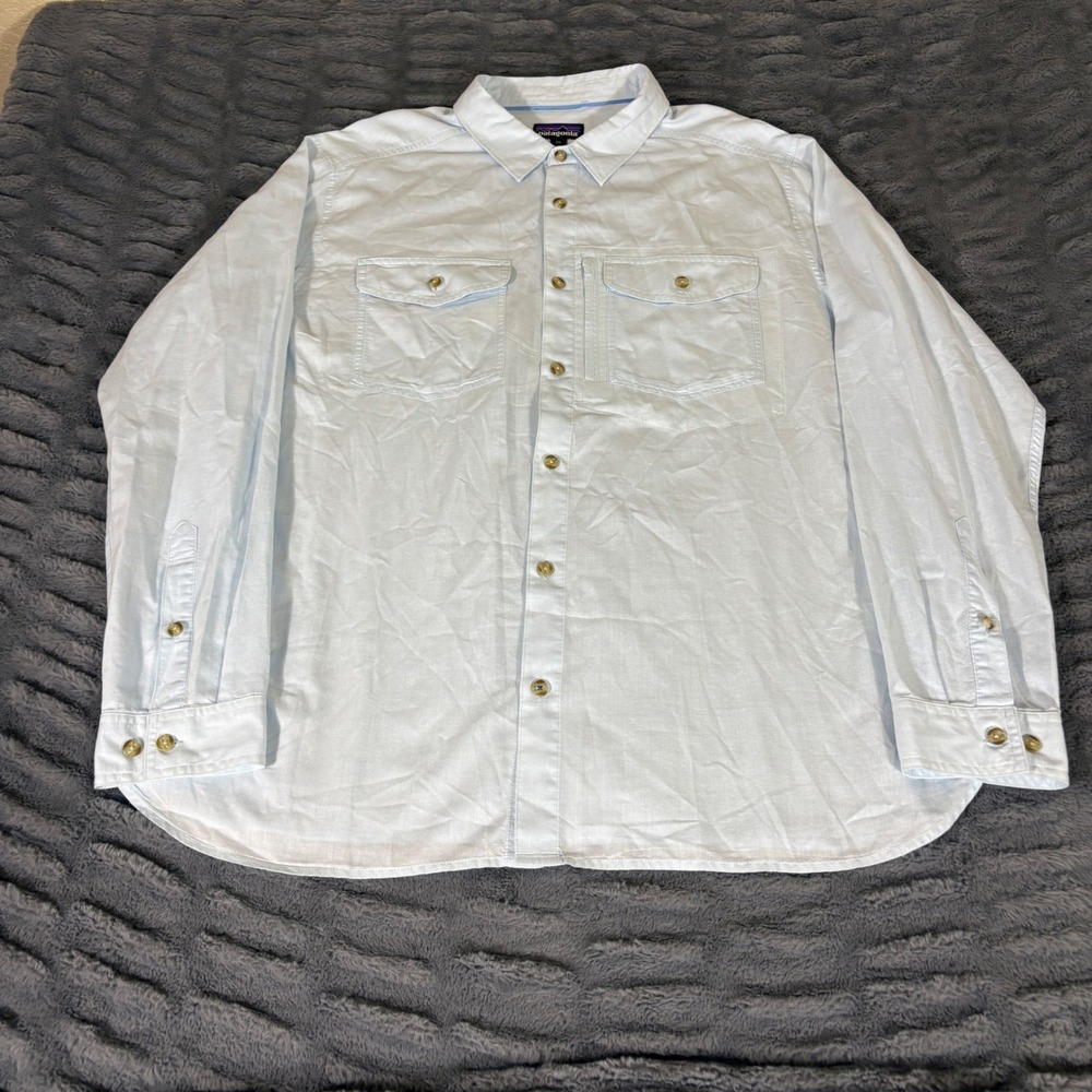 Patagonia Back Step Shirt XXL Blue Organic Cotton Hemp Blend Long Sleeve 52126